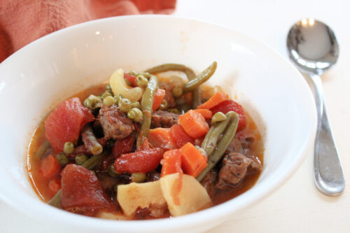 Close up photo of beef vegetable stew