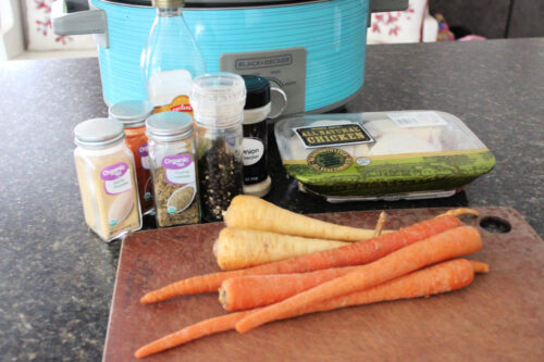 Ingredients needed to make slow cooker chicken thighs with carrots and parsnips