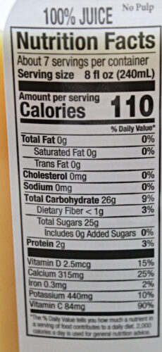 Nutrition facts label for orange juice