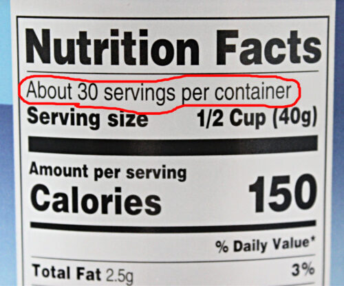 Nutrition facts label with number of servings circled