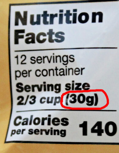 Nutrition facts label with grams in weight circled
