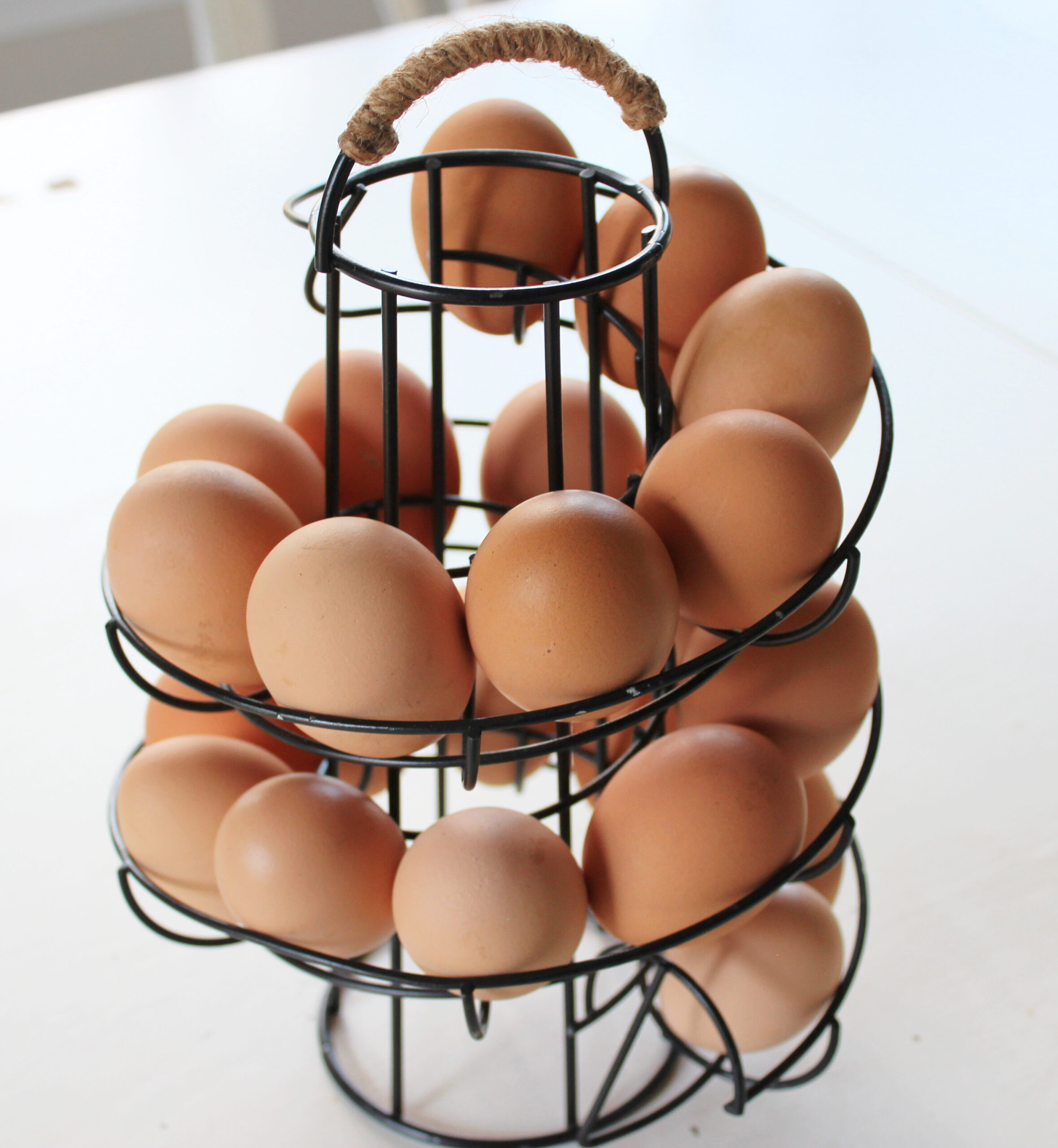 Brown chicken eggs on spiral rack