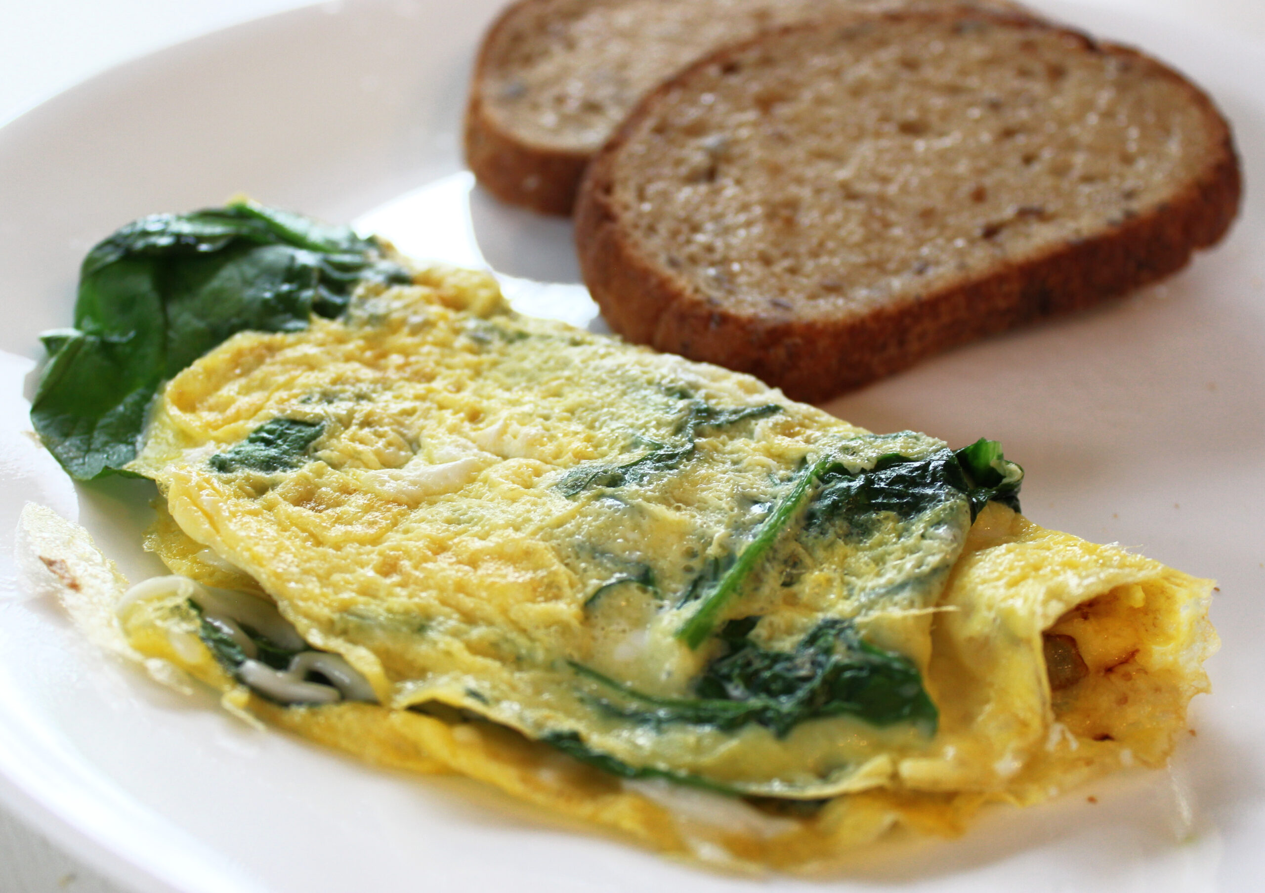 Spinach omelet and whole grain toast on a plate