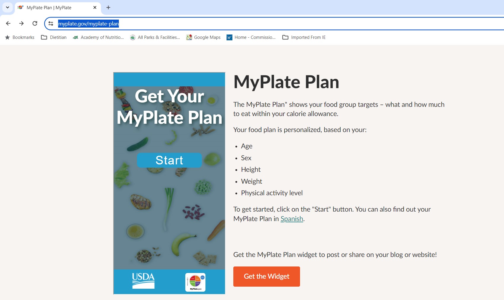 Screenshot of myplate plan on myplate.gov